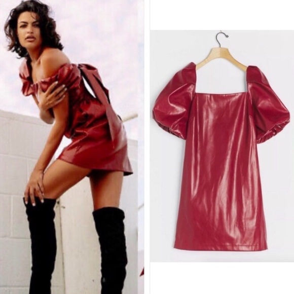 Anthropologie Faux Leather Red Mini Dress Bow-Back Detail Medium Holiday Festive - Picture 7 of 8